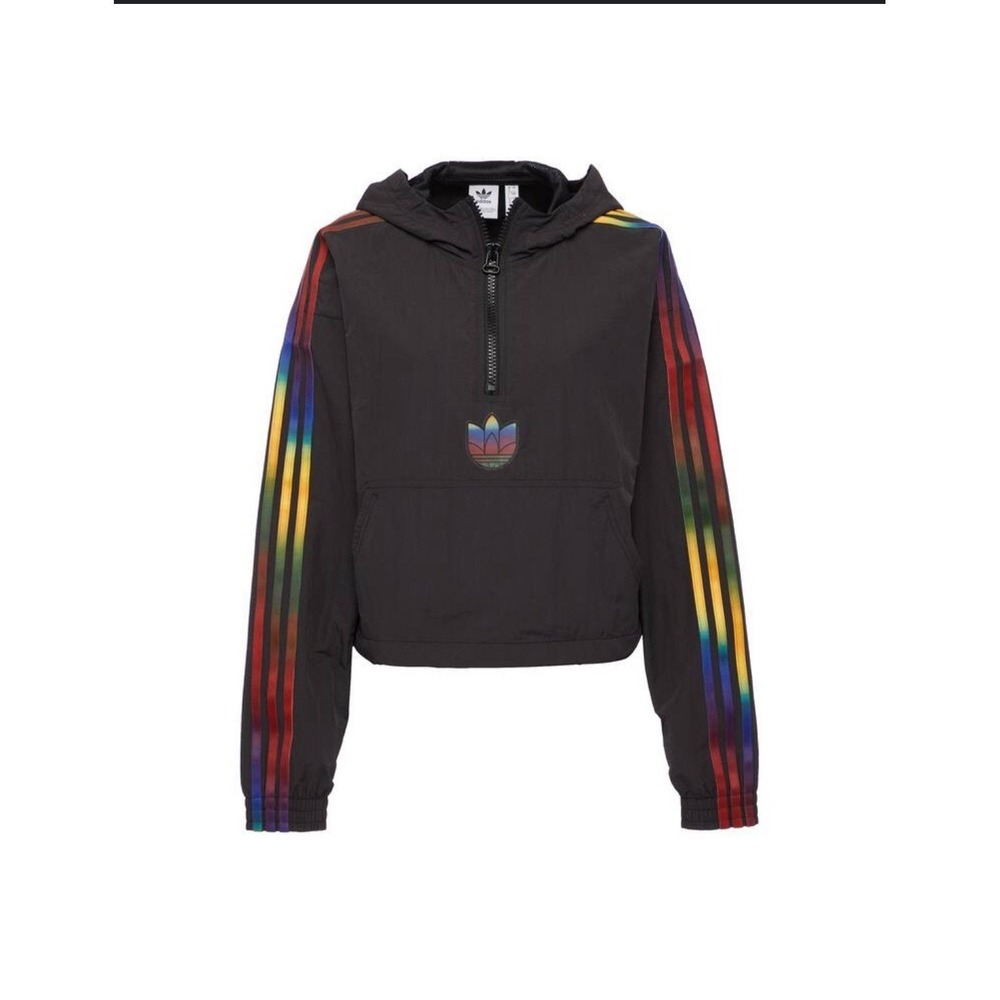 Adidas Rainbow Stripe Cropped Anorak Jacket Hooded Black‎ Womens